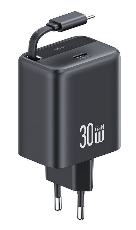 USAMS φορτιστής τοίχου  με πτυσσόμενο καλώδιο, USB-C, 30W, GaN, μαύρος