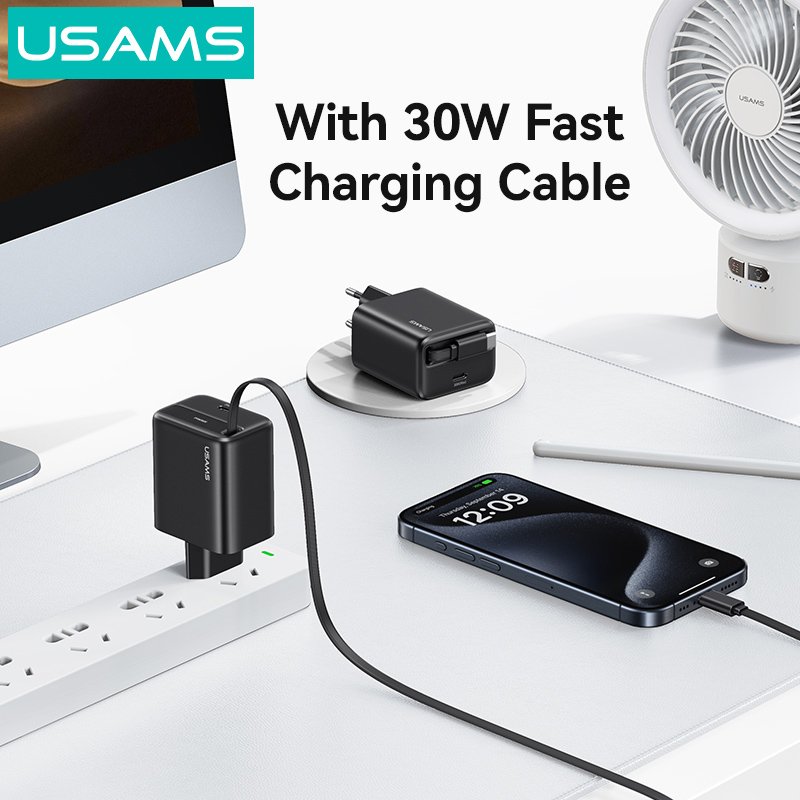 USAMS φορτιστής τοίχου με πτυσσόμενο καλώδιο, USB-C, 30W, GaN, λευκός - Image 2