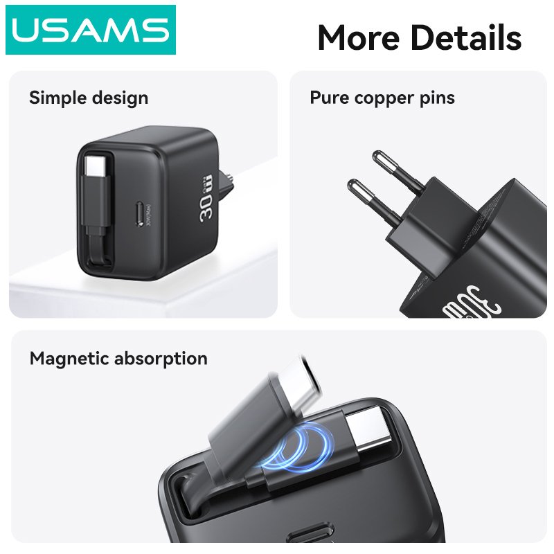 USAMS φορτιστής τοίχου με πτυσσόμενο καλώδιο, USB-C, 30W, GaN, λευκός - Image 4