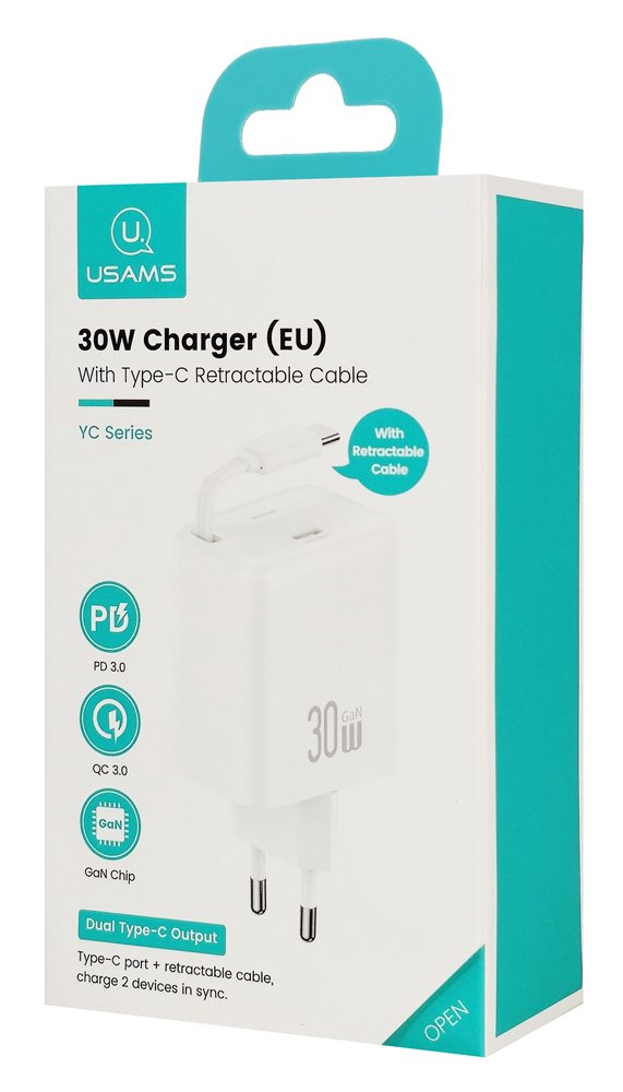 USAMS φορτιστής τοίχου με πτυσσόμενο καλώδιο, USB-C, 30W, GaN, λευκός - Image 6