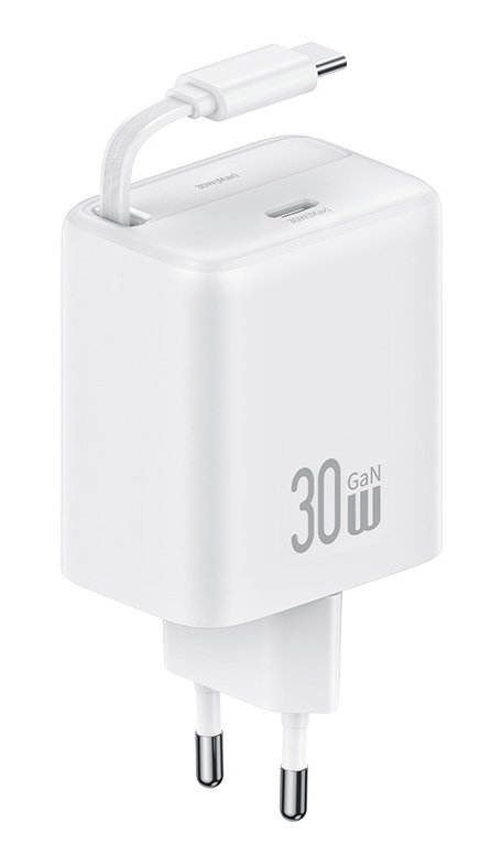 USAMS φορτιστής τοίχου  με πτυσσόμενο καλώδιο, USB-C, 30W, GaN, λευκός