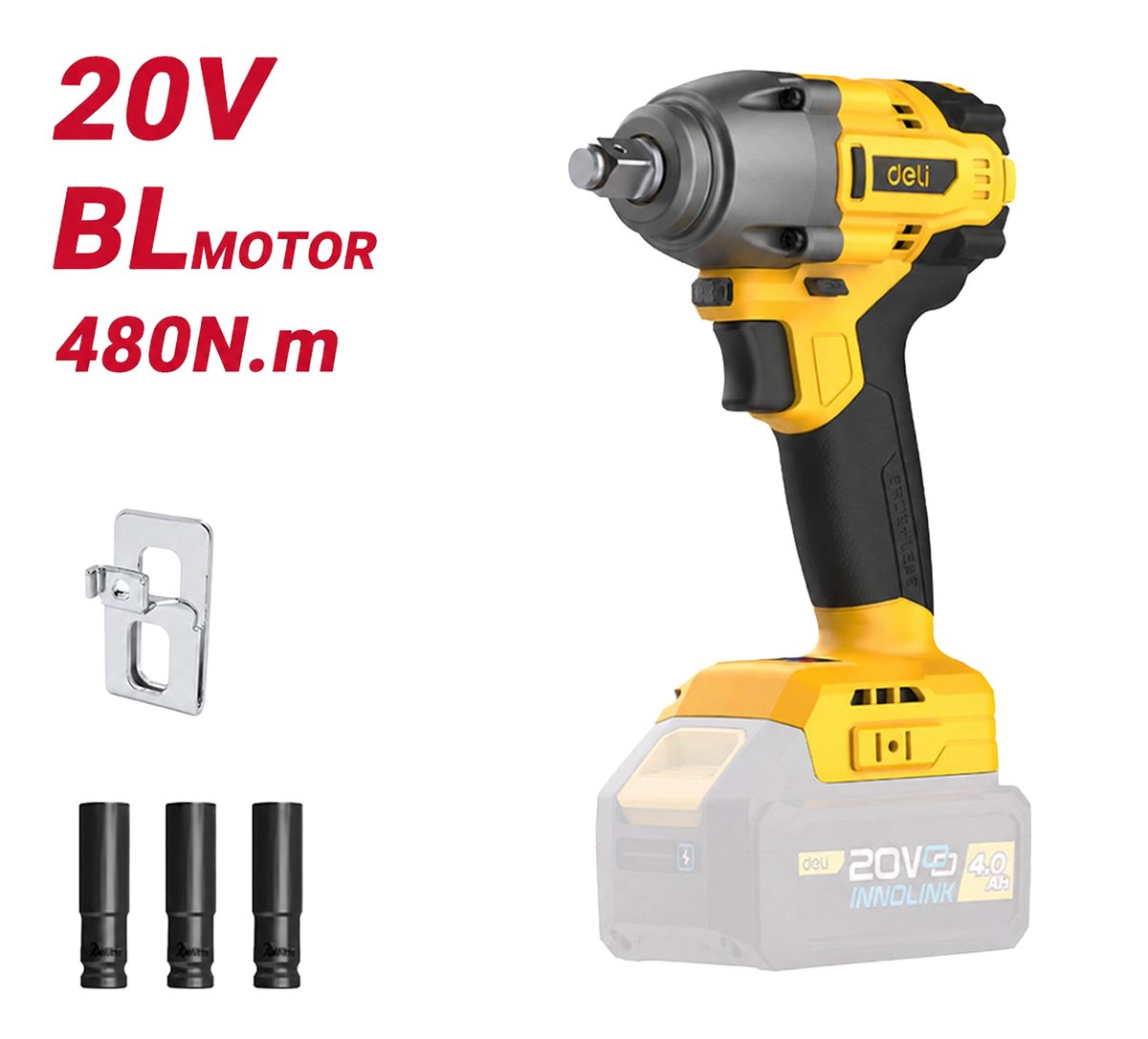 DELI κρουστικό μπουλονόκλειδο μπαταρίας , Brushless, 20V, 480N.m, 1/2"