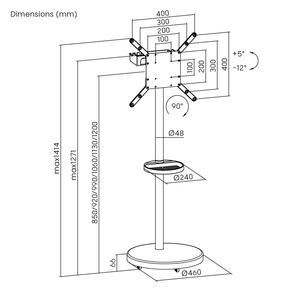 BRATECK βάση τηλεόρασης δαπέδου , 32-65", έως 50kg, με 2x ράφια, ροδάκια, μαύρη - Image 5