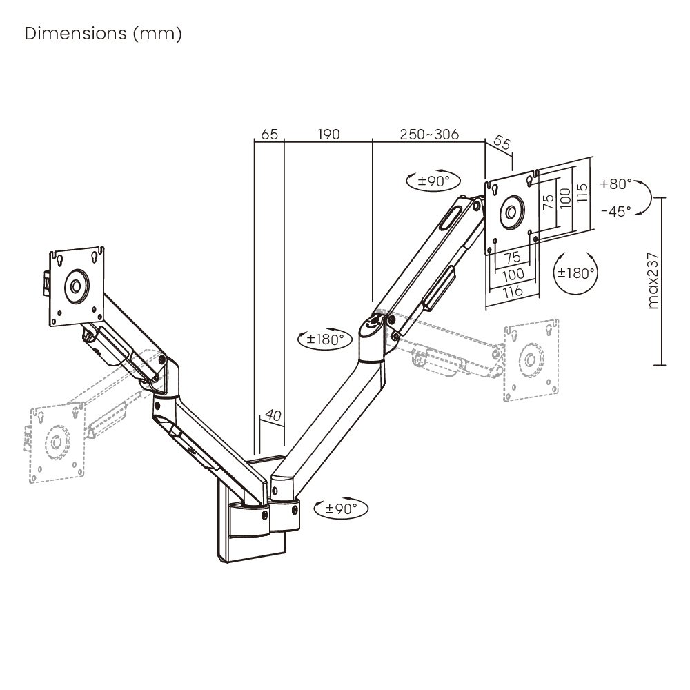 BRATECK επιτοίχια βάση για 2x οθόνες , 17-32", έως 9kg - Image 5