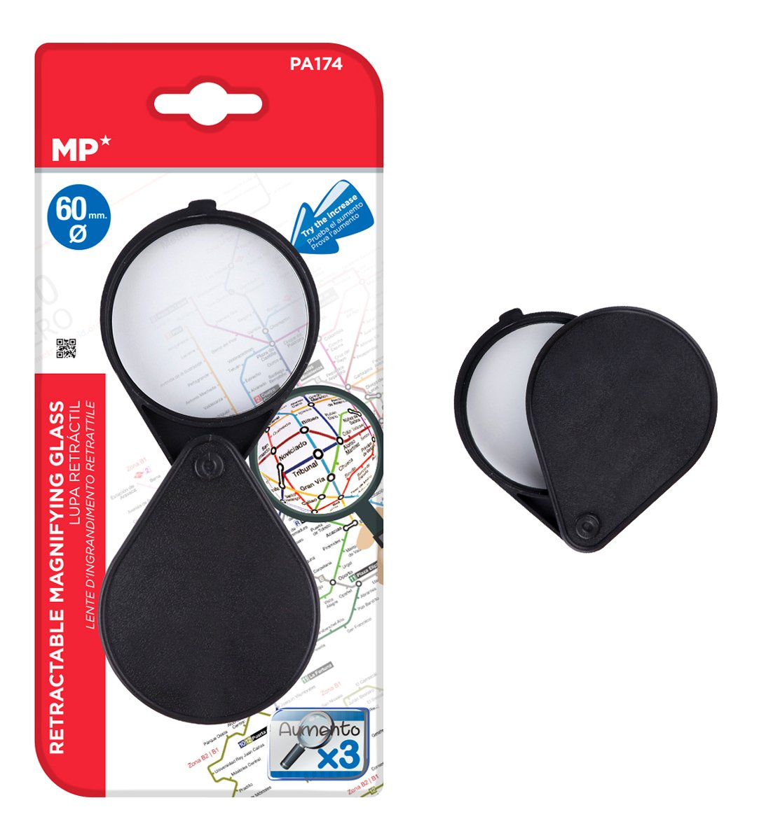 MP πτυσσόμενος μεγεθυντικός φακός , x3, 60mm, πλαστικός με γυάλινο φακό, μαύρος
