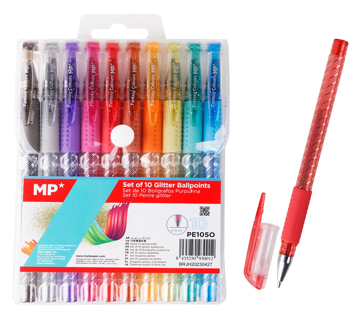 MP σετ στυλό διαρκείας ballpoint  με glitter, 0.9mm, διάφορα χρώματα, 10τμχ