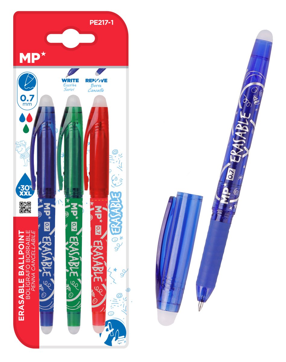 MP σετ στυλό διαρκείας , erasable, 0.7mm, μπλε/πράσινο/κόκκινο, 3τμχ
