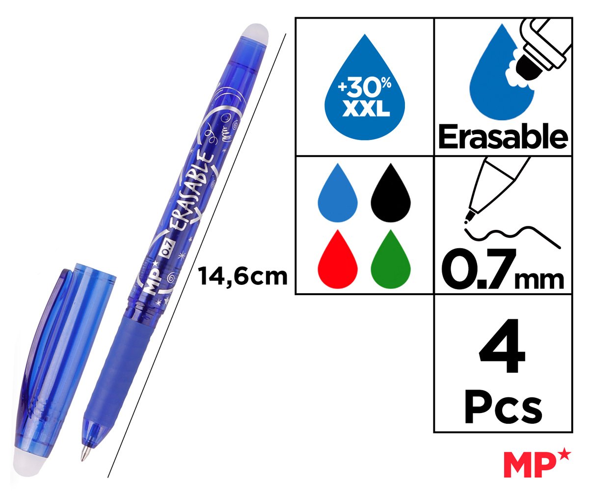 MP σετ στυλό διαρκείας , erasable, 0.7mm, μπλε/μαύρο/πράσινο/κόκκινο, 4τμχ - Image 2