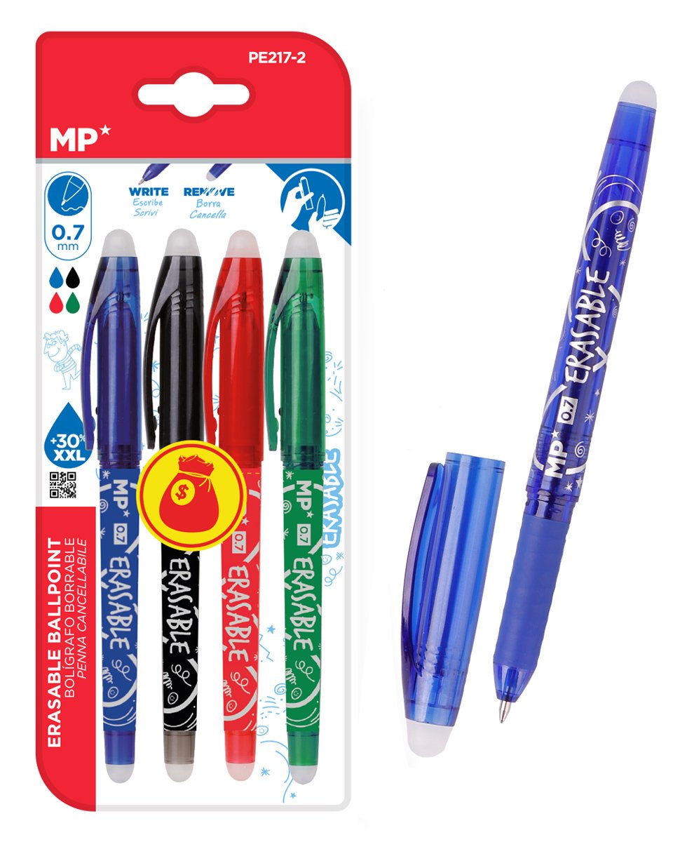 MP σετ στυλό διαρκείας , erasable, 0.7mm, μπλε/μαύρο/πράσινο/κόκκινο, 4τμχ