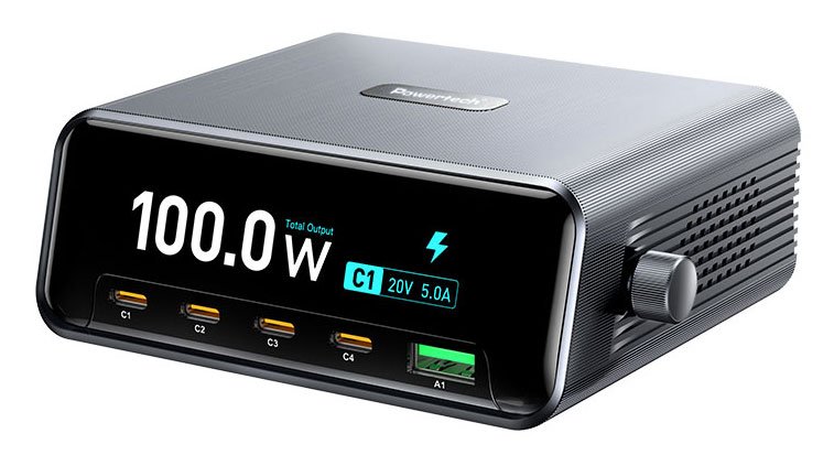POWERTECH σταθμός φόρτισης  με οθόνη, USB & 4x USB-C, GaN, 100W, ασημί