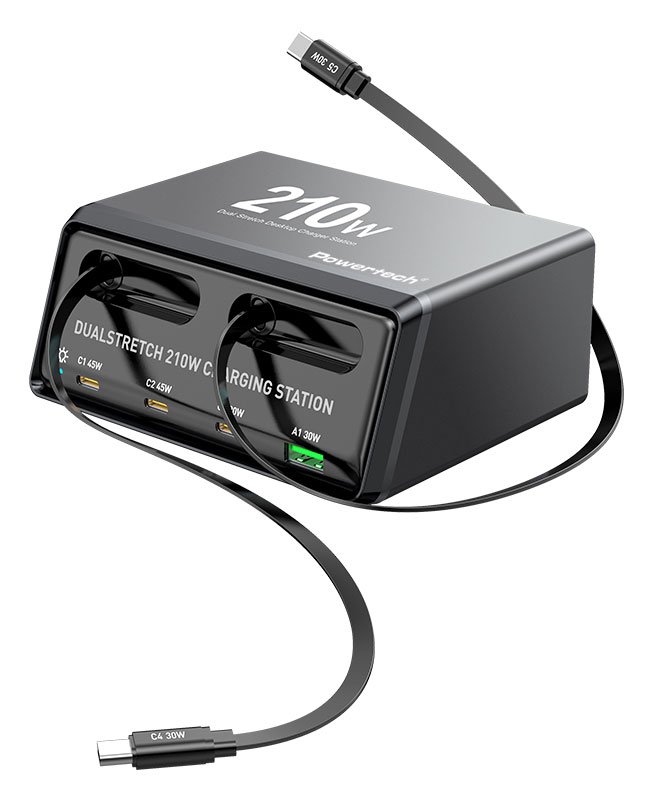 POWERTECH σταθμός φόρτισης , USB/3x USB-C/2x USB-C καλώδια, GaN, 160W, μαύρος
