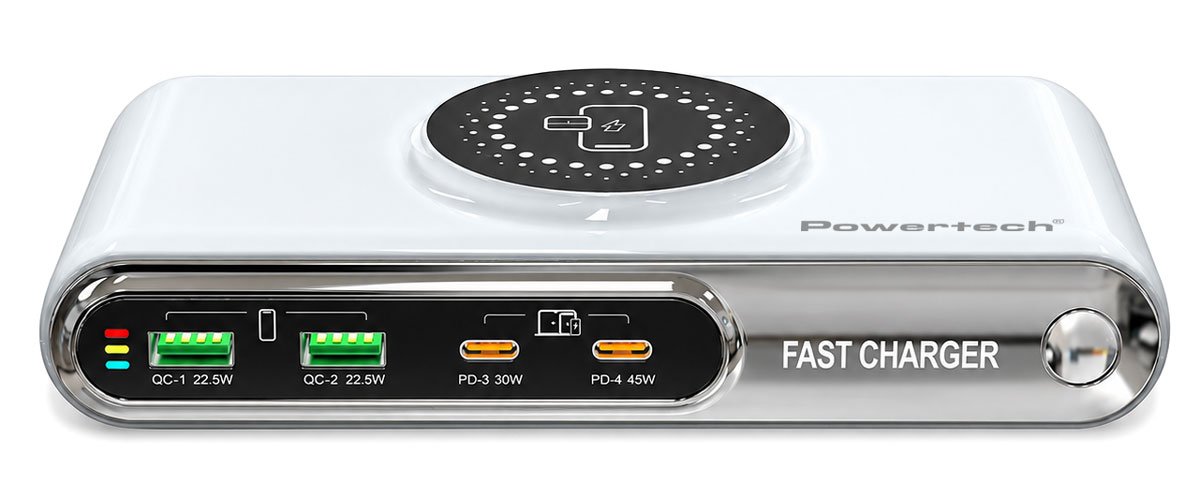 POWERTECH σταθμός φόρτισης , 2x USB/2x USB-C/wireless, 72W, λευκός