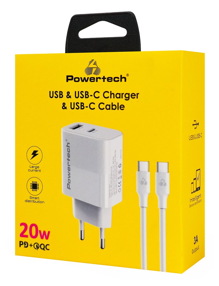 POWERTECH φορτιστής τοίχου με καλώδιο, USB/USB-C, 20W, λευκός - Image 3