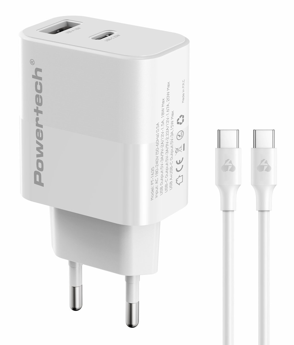 POWERTECH φορτιστής τοίχου  με καλώδιο, USB/USB-C, 20W, λευκός