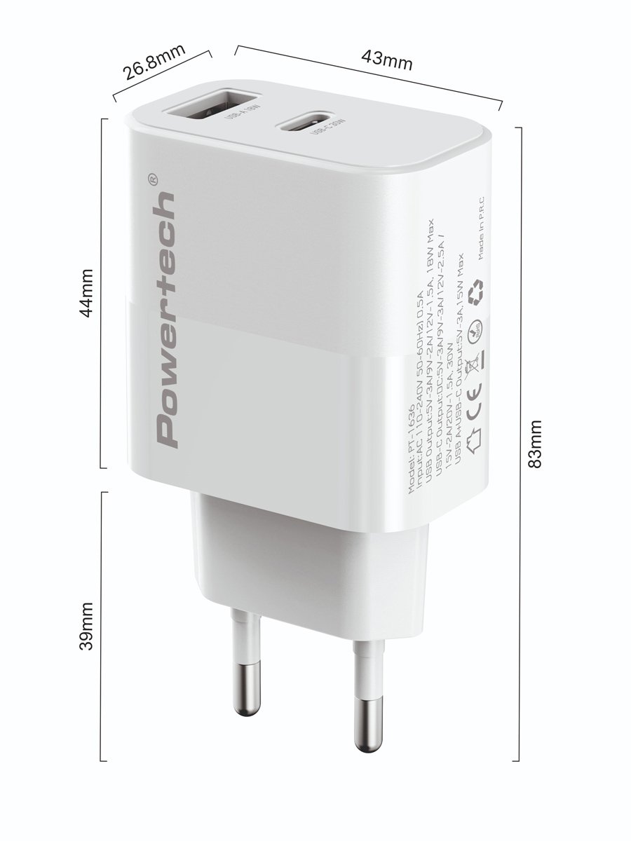 POWERTECH φορτιστής τοίχου με καλώδιο, USB/USB-C, 30W, GaN, λευκός - Image 2