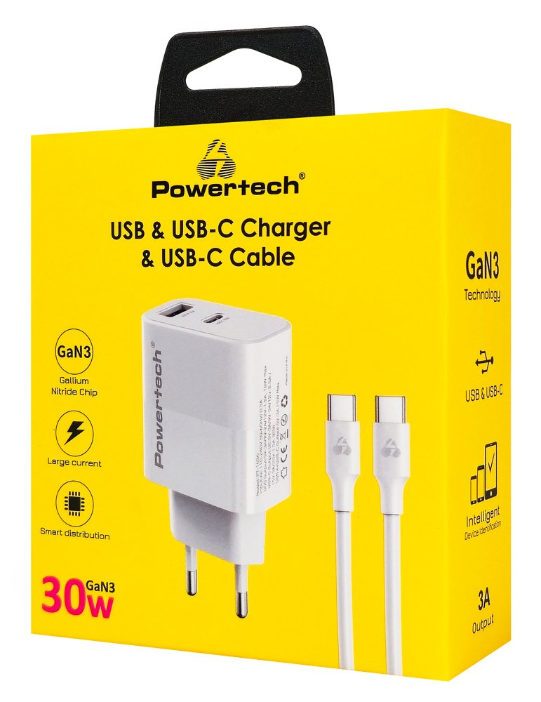 POWERTECH φορτιστής τοίχου με καλώδιο, USB/USB-C, 30W, GaN, λευκός - Image 3