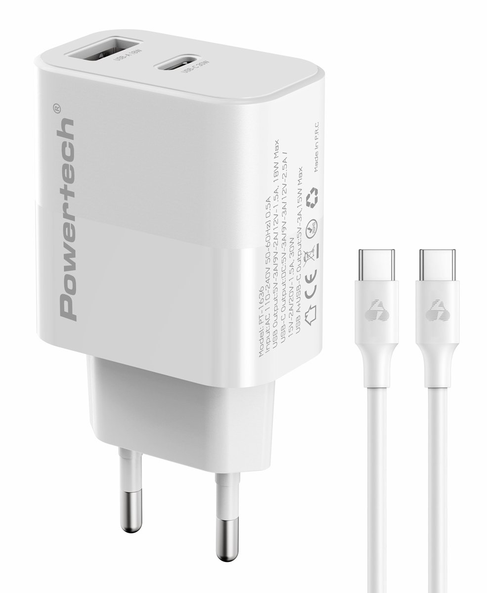 POWERTECH φορτιστής τοίχου  με καλώδιο, USB/USB-C, 30W, GaN, λευκός