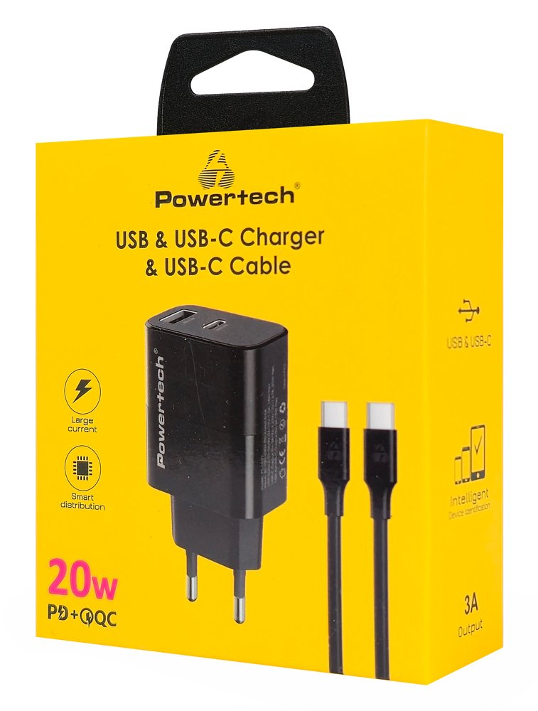 POWERTECH φορτιστής τοίχου με καλώδιο, USB/USB-C, 20W, μαύρος - Image 3