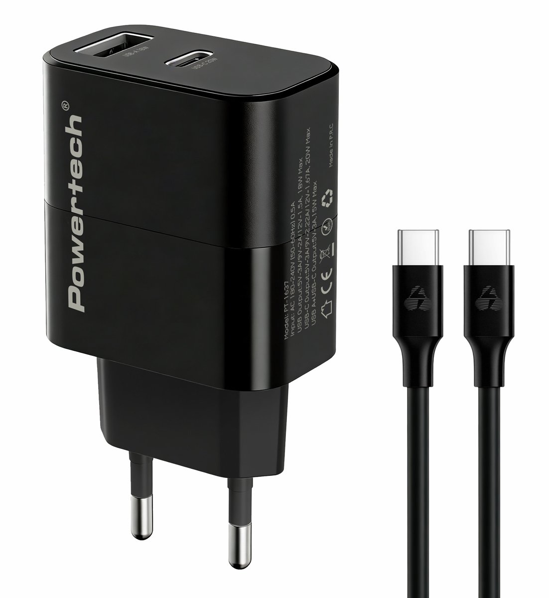 POWERTECH φορτιστής τοίχου  με καλώδιο, USB/USB-C, 20W, μαύρος