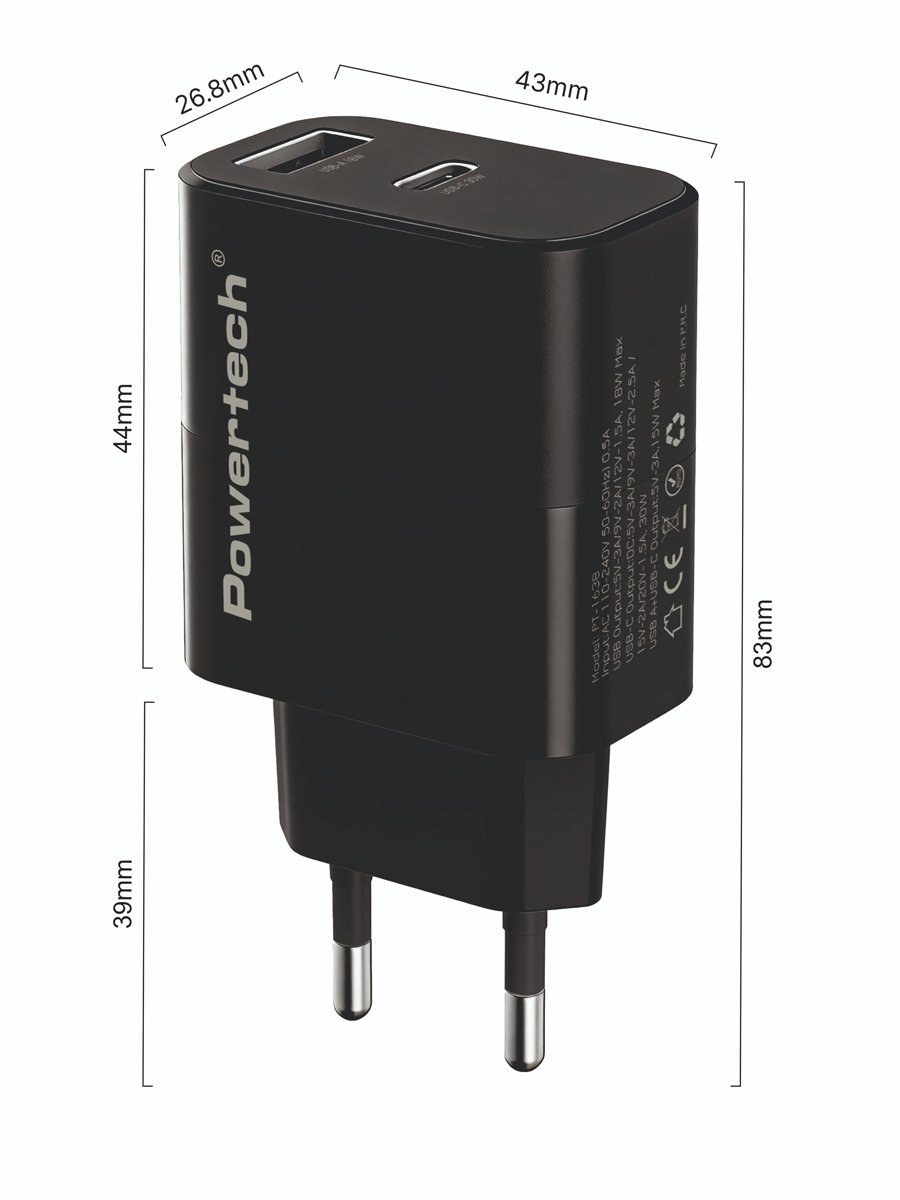 POWERTECH φορτιστής τοίχου με καλώδιο, USB/USB-C, 30W, GaN, μαύρος - Image 2