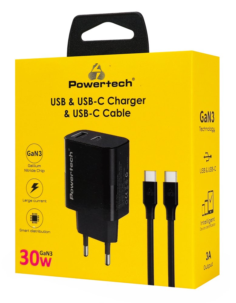 POWERTECH φορτιστής τοίχου με καλώδιο, USB/USB-C, 30W, GaN, μαύρος - Image 3