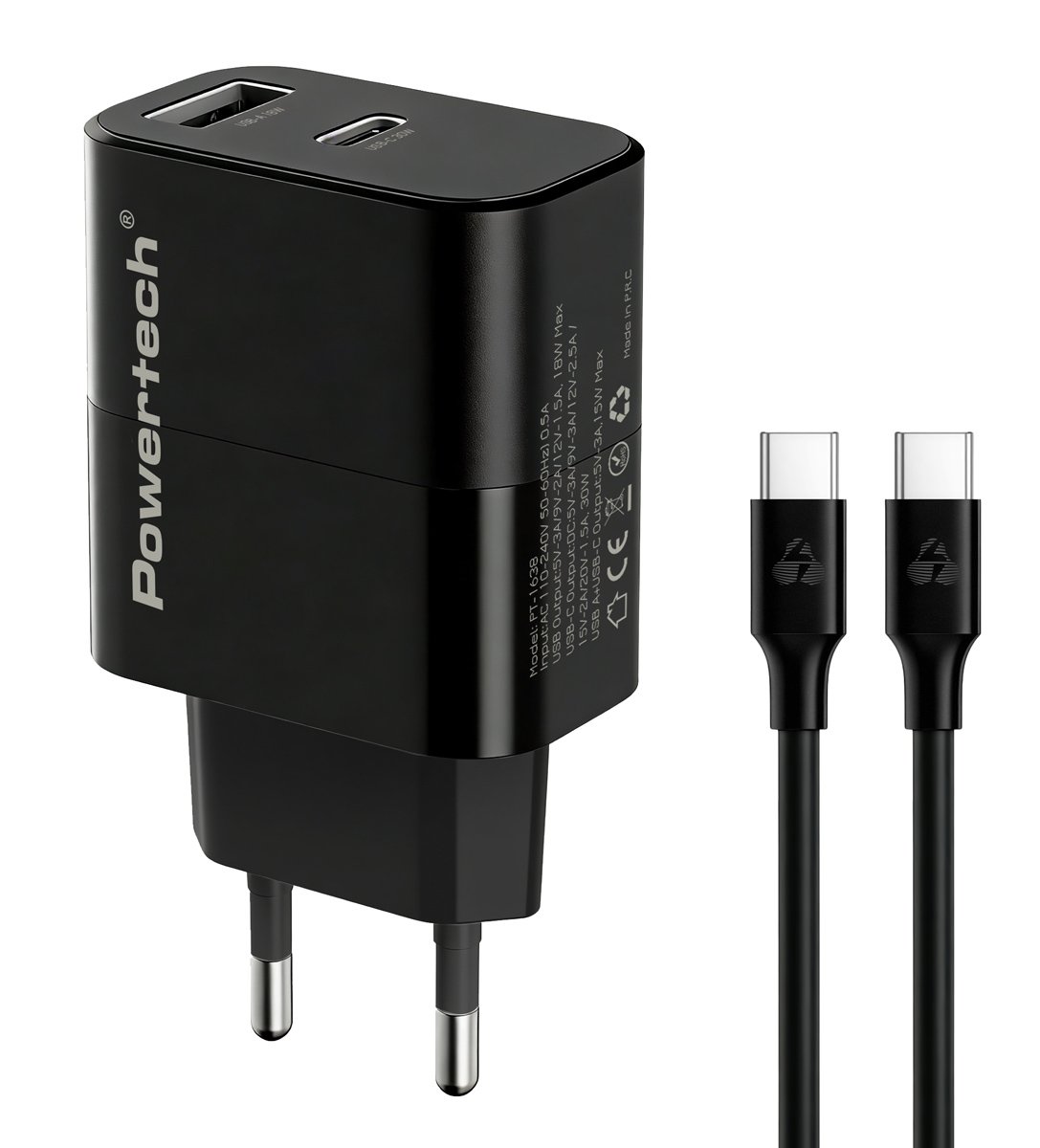 POWERTECH φορτιστής τοίχου  με καλώδιο, USB/USB-C, 30W, GaN, μαύρος