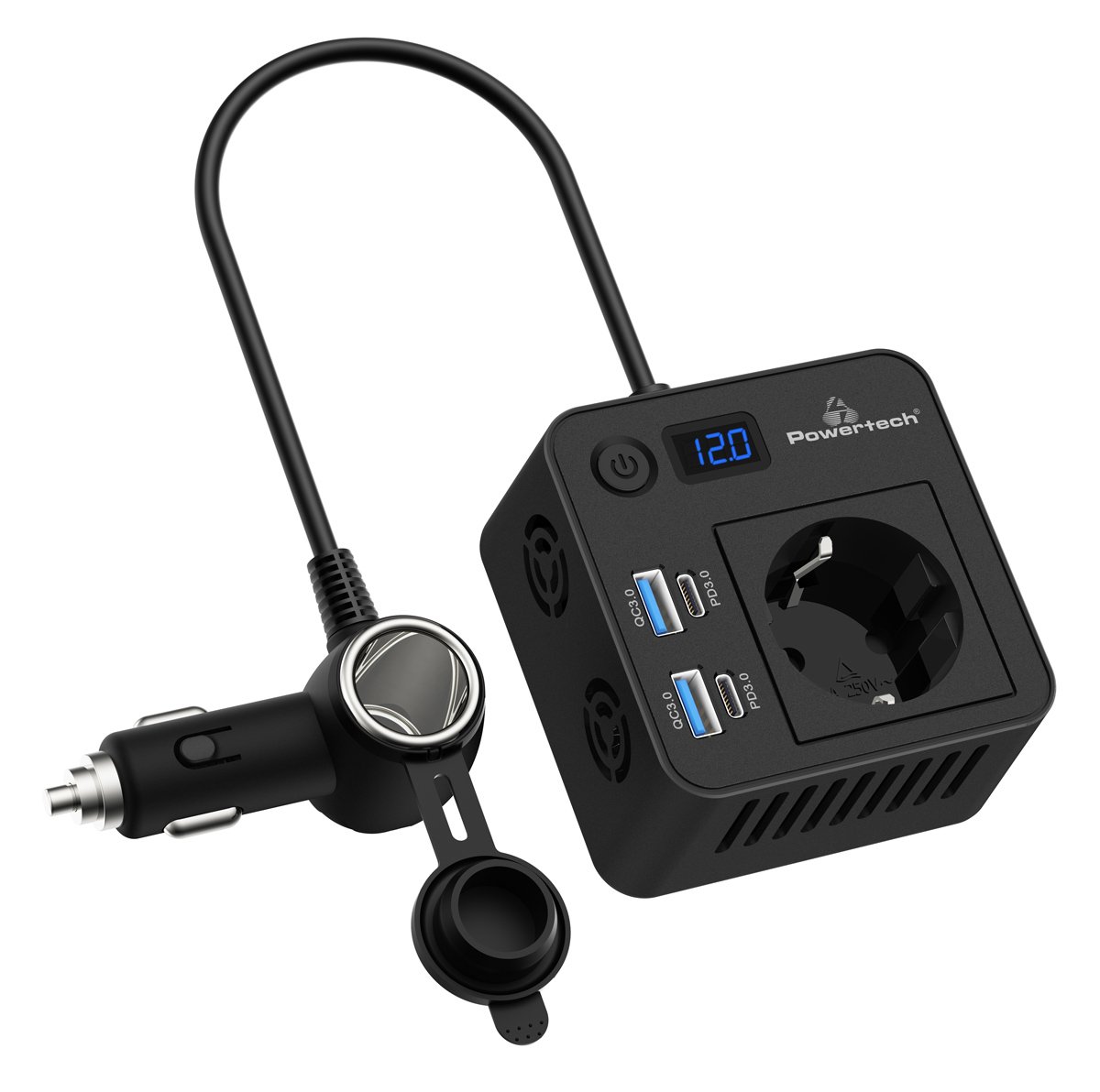 POWERTECH inverter αυτοκινήτου , 200W, 12V/24V DC σε 110V/220V AC, με 2x USB-C/2x USB
