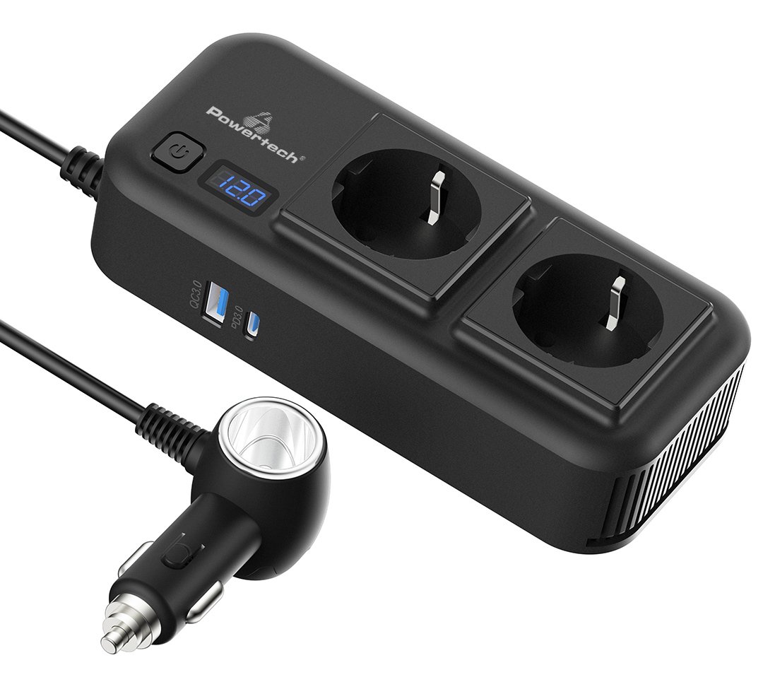 POWERTECH inverter αυτοκινήτου , 200W, 12V/24V DC σε 2x 110V/220V AC, με 2x USB-C/2x USB