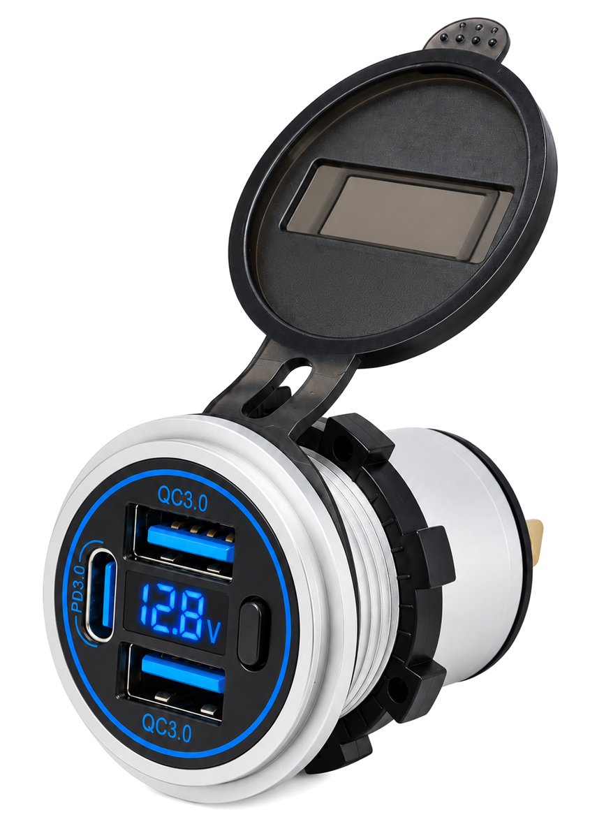POWERTECH πρίζα USB για σκάφη & οχήματα , USB-C & 2x USB, 36W, με οθόνη, IP65