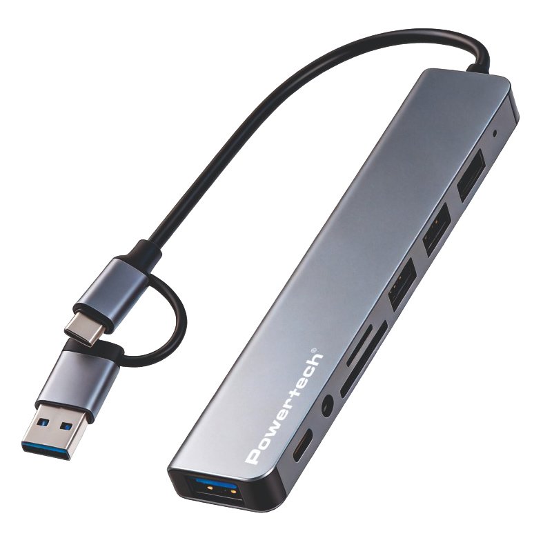 POWERTECH USB hub  με card reader, 8 θυρών, USB & USB-C σύνδεση, γκρι
