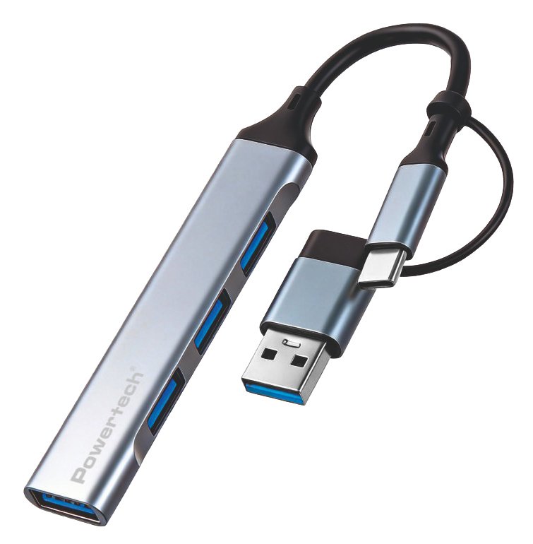 POWERTECH USB hub , 4x θυρών, USB 3.0, 5Gbps, USB & USB-C σύνδεση, γκρι