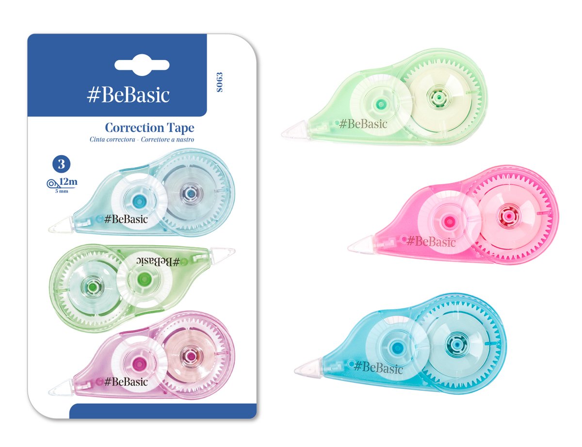 BEBASIC σετ διορθωτική ταινία , 5mm x 12m, μπλε/πράσινη/ροζ, 3τμχ