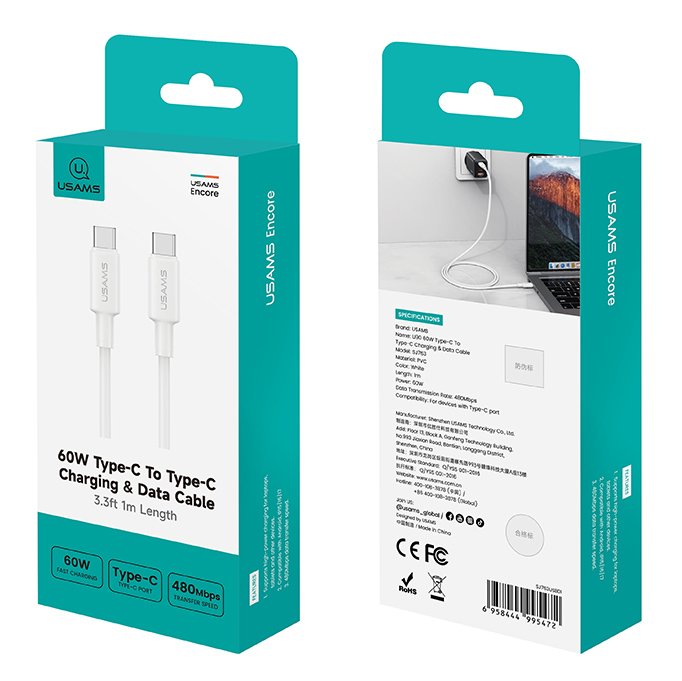 USAMS καλώδιο USB-C , 60W, 480Mbps, 1m, λευκό - Image 6