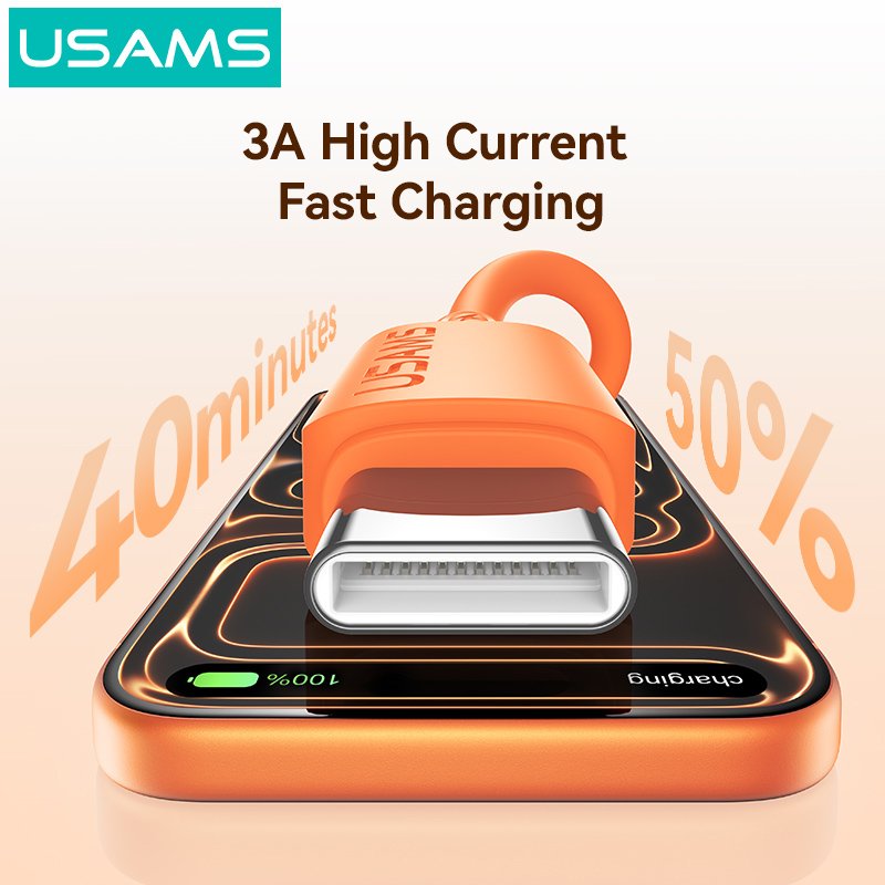 USAMS καλώδιο USB-C σε USB , σιλικόνης, 3A, 480Mbps, 1m, πορτοκαλί - Image 3