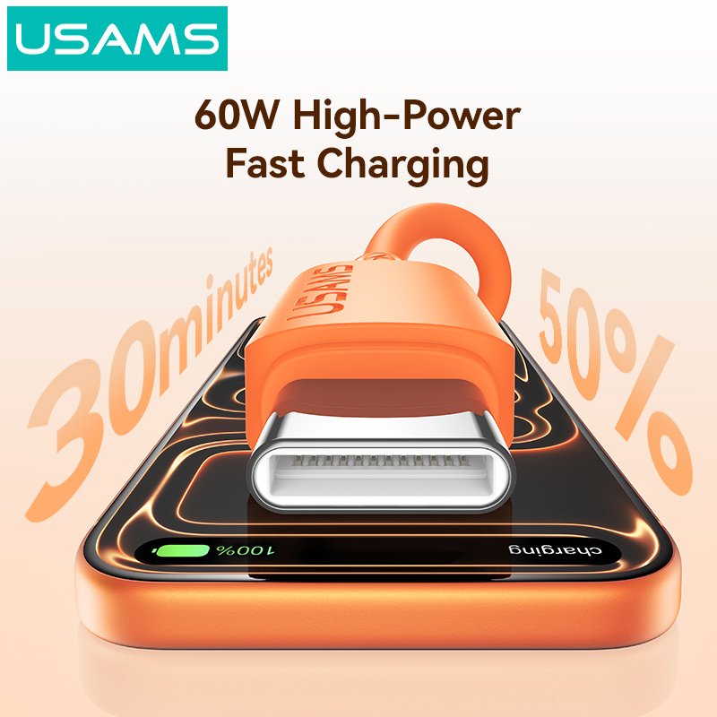 USAMS καλώδιο USB-C , σιλικόνης, 60W, 480Mbps, 1m, πορτοκαλί - Image 3