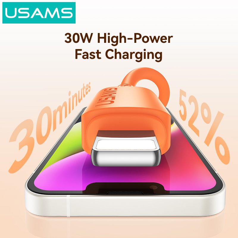 USAMS καλώδιο Lightning σε USB-C , σιλικόνης, 30W, 480Mbps, 1m, πορτοκαλί - Image 3