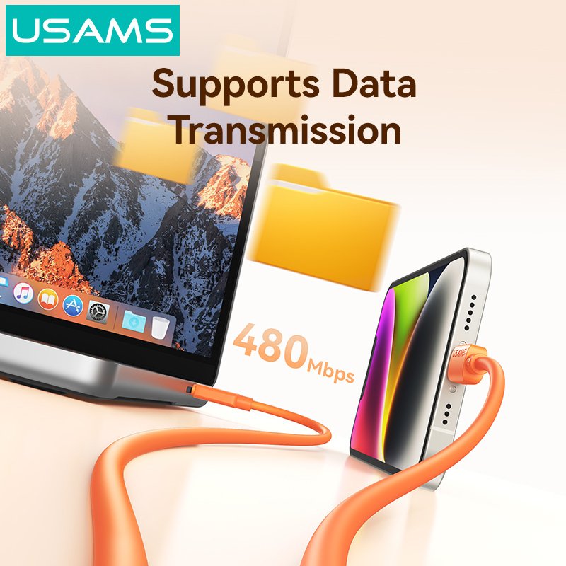 USAMS καλώδιο Lightning σε USB-C , σιλικόνης, 30W, 480Mbps, 1m, πορτοκαλί - Image 5