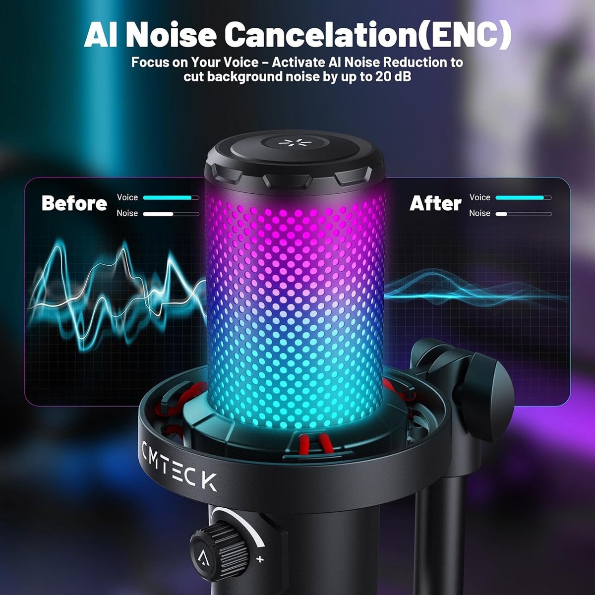 CMTECK επιτραπέζιο μικρόφωνο , καρδιοειδές, USB/USB-C, RGB LED, μαύρο - Image 6