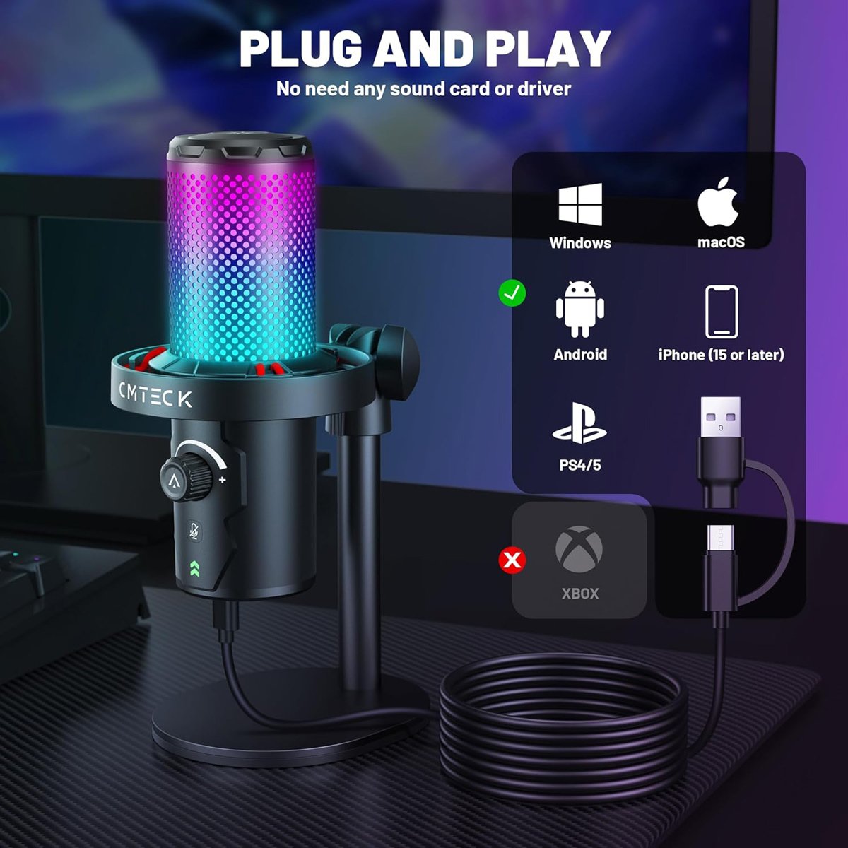 CMTECK επιτραπέζιο μικρόφωνο , καρδιοειδές, USB/USB-C, RGB LED, μαύρο - Image 7