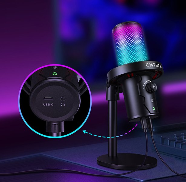 CMTECK επιτραπέζιο μικρόφωνο , καρδιοειδές, USB/USB-C, RGB LED, μαύρο - Image 8