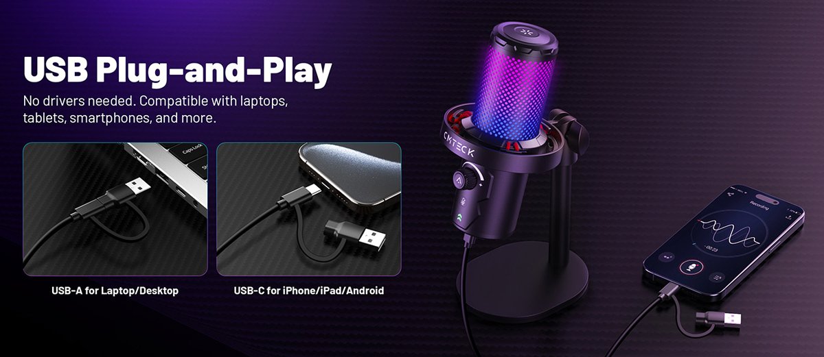 CMTECK επιτραπέζιο μικρόφωνο , καρδιοειδές, USB/USB-C, RGB LED, μαύρο - Image 9